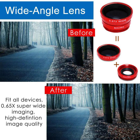 3 In 1 Universal Fish Eye Lens Macro Clip Lens Wide Angle Kit For iPhone Android iPad And Most Smartphones Grab And Go Pro Grade Optical Glass Durable Aluminum Build Red shown with wide-angle lens results