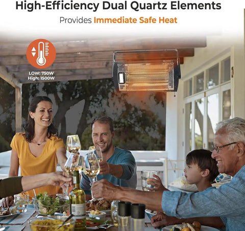 Ceiling Mounted 1500W Infrared Quartz Radiant Heater With Dual Tubes over dining space providing warmth, 90 degree tilt visible.