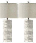 Modern 24.5 Inch Ceramic Table Lamp Set Of 2 With White Shades Farmhouse End Table Lamps For Living Room Bedroom Dorm Office Or Study Vibe Cozy Nightstand Lights featuring textured ceramic bases and cylindrical white shades