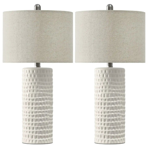 Modern 24.5 Inch Ceramic Table Lamp Set Of 2 With White Shades Farmhouse End Table Lamps For Living Room Bedroom Dorm Office Or Study Vibe Cozy Nightstand Lights featuring textured ceramic bases and cylindrical white shades