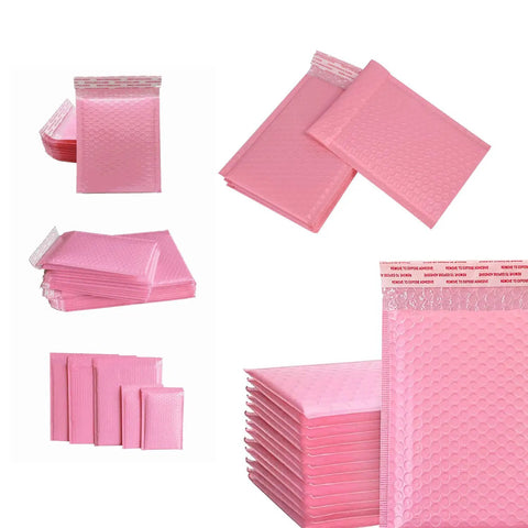 Pink Bubble Mailers 4x6 Inches 25 Pack Padded Self Seal Envelopes in a stack and individual view, waterproof and shockproof.