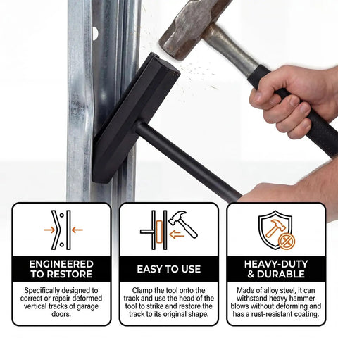 Person using Rugged Heavy Duty Garage Door Vertical Track Repair Tool Set For 3-Inch Roller Track Systems Anvil Tool