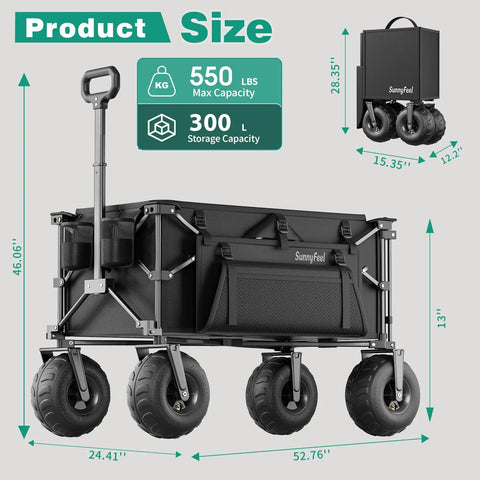 Heavy Duty Beach Wagon With 9 Inch Balloon Wheels, 550 Lb Capacity, Foldable Beach Cart With Adjustable Handle For Camping