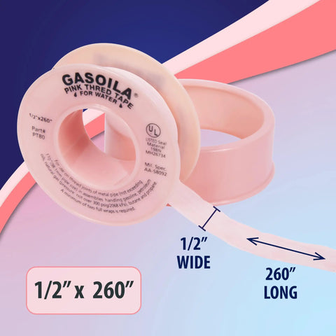 Pink PTFE Thread Seal Tape For Leak Proof Plumbing And HVAC Pipes The Go To High Density Water Line Sealant Non Toxic Pro Grade Half Inch By Two Hundred Sixty Inch Rolls showing dimensions and label