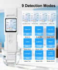 9 In 1 Smart Water Tester With App Monitoring, Digital Water Test Kit in a glass measuring turbidity, TDS, EC, and other metrics.