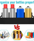 Four Pack Magnetic Spray Can Holders Wall Mounted Toolbox Rack For Paints Oils And Cleaners Easy Access Mechanic Paint Can Organizer For Garage Home Workshop Black, displaying cans inside the holder.