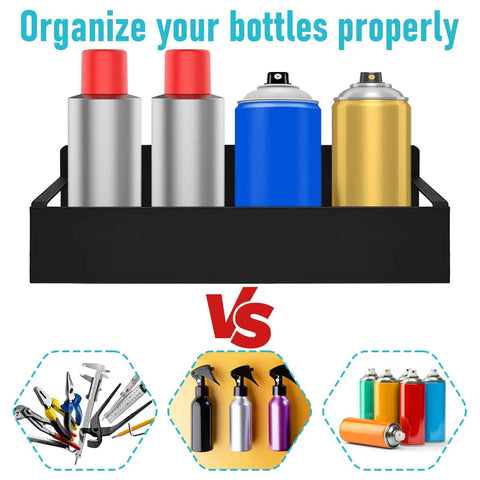 Four Pack Magnetic Spray Can Holders Wall Mounted Toolbox Rack For Paints Oils And Cleaners Easy Access Mechanic Paint Can Organizer For Garage Home Workshop Black, displaying cans inside the holder.
