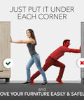 Woman using furniture sliders to move wardrobe easily; promoting Move Heavy Furniture Without The Sweat Using These Versatile Furniture Sliders And Carpet Floor Glides With Thick Protective Socks That Guard Hardwoods While Making Awkward Relocations Totally Painless.