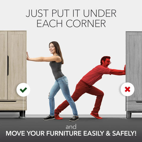 Woman using furniture sliders to move wardrobe easily; promoting Move Heavy Furniture Without The Sweat Using These Versatile Furniture Sliders And Carpet Floor Glides With Thick Protective Socks That Guard Hardwoods While Making Awkward Relocations Totally Painless.