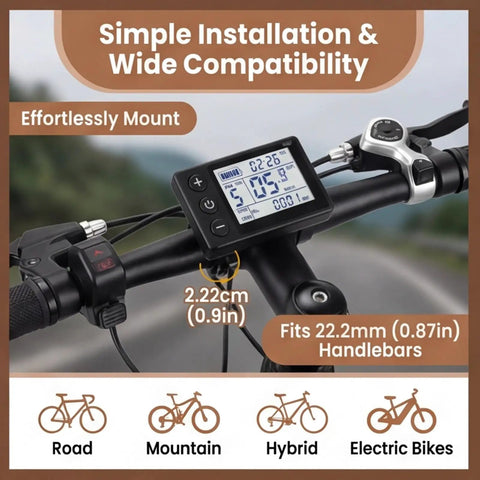 Two Point Five Inch Backlit LCD Display For Electric Scooters, Crisp Speedometer Odometer And Voltage Meter, Wireless Handlebar Computer Fits 22.2mm Bars, Supports 24V 36V 48V Systems, Protocol No 2, Easy Readout On Every Ride