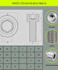 Premium Titanium Bolts M5x15mm Hex Socket Cap Screws With Advanced PVD Coating, detailed dimensions and design features.