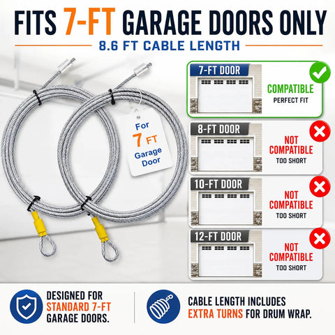 Heavy Duty Garage Door Cable Replacement Kit For 8.6 Foot Doors shown with compatibility chart for 7 ft garage doors