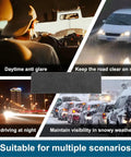High Density Black Suede Sun Visor Extender For Tesla Cybertruck shown blocking glare in various weather conditions while driving.