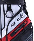 Detail of Badass White Golf Cart Bag Featuring T Lock Quiet Top Technology with dry pocket and zipper.