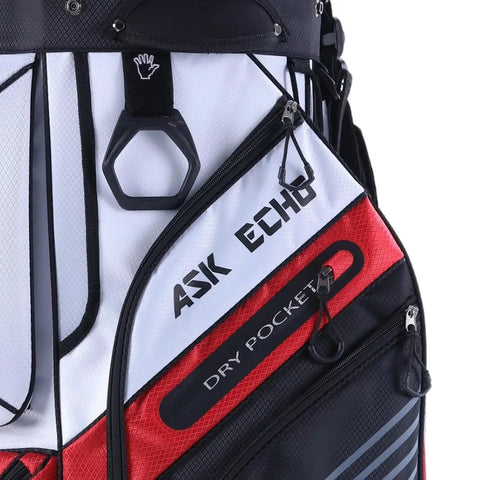 Detail of Badass White Golf Cart Bag Featuring T Lock Quiet Top Technology with dry pocket and zipper.