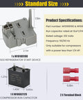 Refrigerator Start Relay And Run Capacitor Kit TSD2 W10662129 Replacement showing size and part specifications