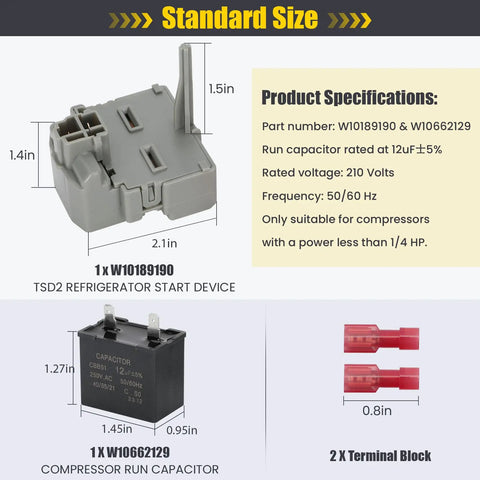 Refrigerator Start Relay And Run Capacitor Kit TSD2 W10662129 Replacement showing size and part specifications