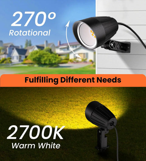 Brighten Outdoor Space With 12W Landscape Lighting 120V Warm White 2700K Garden Spotlights IP66 Waterproof With US Plug Great For Walls Trees Fences And Pathways Two Pack showing adjustable spotlight and warm glow on grass and wall.