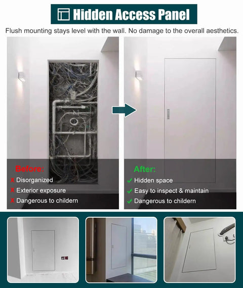 Before and after images of the Premium Aluminum Gypsum Drywall Access Panel with Paintable Slick Finish for Attics and Indoor Walls.