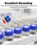 Top Drawer 2ML Clear Borosilicate Glass Autosampler Vials With No Fuss 9 425 Screw Threads For Bulletproof GC And HPLC Laboratory Testing 100 Piece Bulk Pack, showcasing blue screw caps with no-slit PTFE inserts.