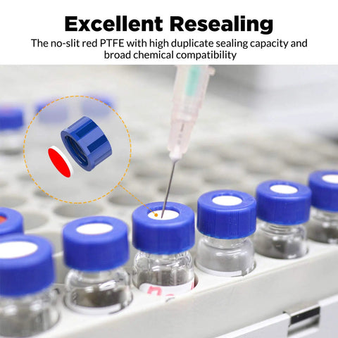 Top Drawer 2ML Clear Borosilicate Glass Autosampler Vials With No Fuss 9 425 Screw Threads For Bulletproof GC And HPLC Laboratory Testing 100 Piece Bulk Pack, showcasing blue screw caps with no-slit PTFE inserts.