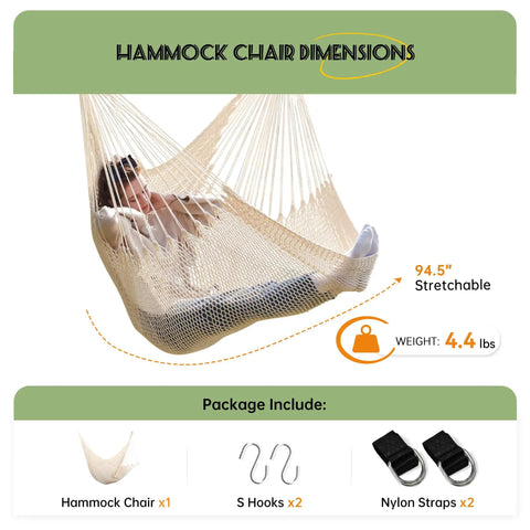 XL Hammock Chair With Hanging Hardware No Spreader Bar For Indoor Outdoor Lounging Beige 330 Lbs Weight Capacity
