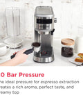 Straight Up Solid Steam Espresso Maker And Coffee Brewer With Handy Milk Frother And Cup Warmer 20 Bar Pressure Build in stainless steel on countertop.