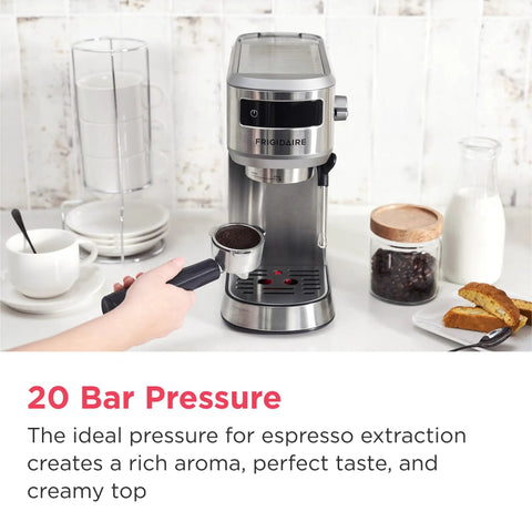 Straight Up Solid Steam Espresso Maker And Coffee Brewer With Handy Milk Frother And Cup Warmer 20 Bar Pressure Build in stainless steel on countertop.