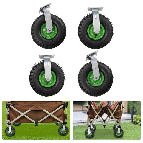 Heavy Hitter 10 Inch Pneumatic Caster Wheels with galvanized brackets and inflatable rubber tires, set of four.