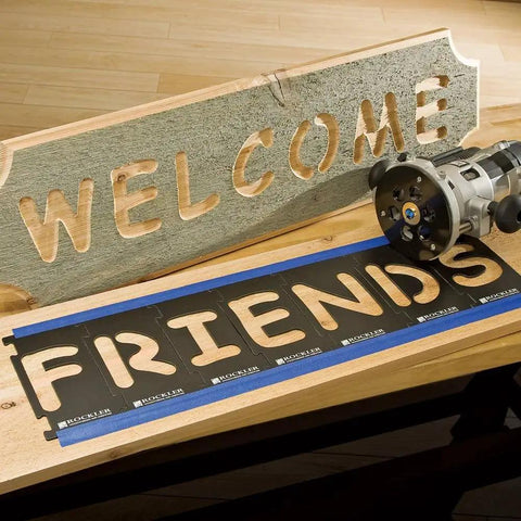 Image of Four Inch Interlocking Router Letter Template Set For Dead Easy Comic Sans Custom Sign Making No Sweat Woodworking Stencils And Precision Alignment Guide Kit with stencils and freshly cut sign.