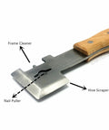 Multifunction Hive Scraper Tool with Wooden Handle showing frame cleaner, nail puller, and hive scraper, stainless steel and beech wood