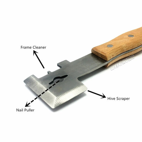 Multifunction Hive Scraper Tool with Wooden Handle showing frame cleaner, nail puller, and hive scraper, stainless steel and beech wood