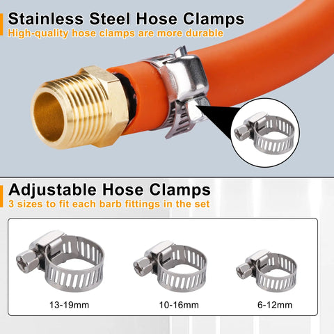 Brass Hose Fittings Kit With Barbs And NPT Adapters For Air And Fluid Lines includes stainless steel hose clamps on orange hose