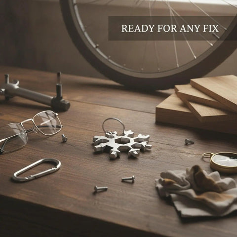 Compact Snowflake Shaped Multi Tool Wrench for Eyewear Bike and Camping Repairs on wooden table with screws and glasses