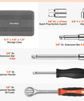 Heavy Duty Carbon Steel Socket Set With One Quarter Inch And Three Eighths Inch Drive, 21-Piece Metric Wrench Kit shown with tools and storage case