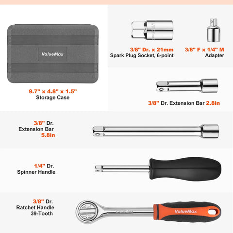 Heavy Duty Carbon Steel Socket Set With One Quarter Inch And Three Eighths Inch Drive, 21-Piece Metric Wrench Kit shown with tools and storage case