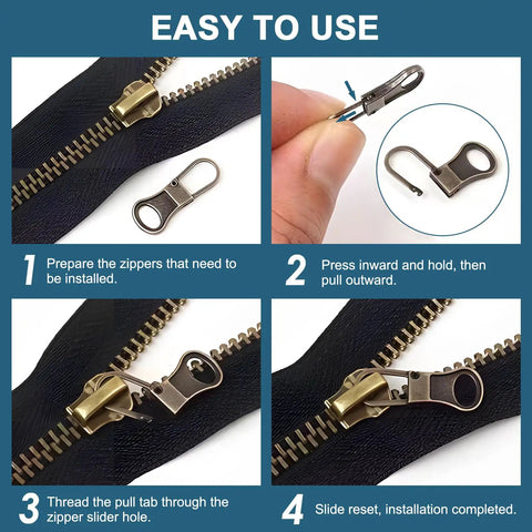 Step-by-step instructions for using the 10 Piece Zipper Pull Tab Replacement Kit With Detachable Metal Pulls For Universal Fit.
