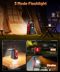 All In One Jump Starter With Air Compressor Portable 12V Battery Pack showing 3 flashlight modes at camp