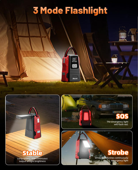 All In One Jump Starter With Air Compressor Portable 12V Battery Pack showing 3 flashlight modes at camp
