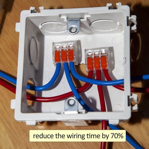 Close-up of 75 Piece Lever Wire Connector Kit for DIY Electrical Projects in a junction box, showing neat wiring with push-in terminals.