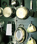 Green Metal Pegboard Set 2 Pack, 32x32 Inch Total Storage From Two 16x32 Panels with kitchen items attached