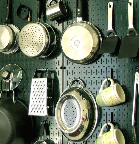 Green Metal Pegboard Set 2 Pack, 32x32 Inch Total Storage From Two 16x32 Panels with kitchen items attached