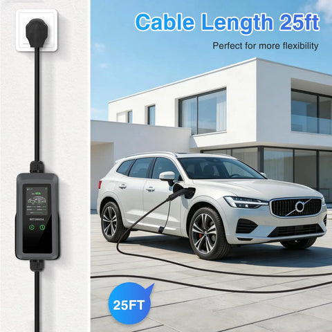 Top Tier Level 2 EV Charger, 40 Amp 240 Volt Home Hookup Station with 25 foot SAE J1772 cord connected to a car.