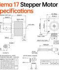 NEMA 17 stepper motor specification diagram with front and side views, 42×40mm size and 4-lead wiring schematic