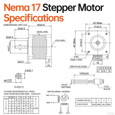 NEMA 17 stepper motor specification diagram with front and side views, 42×40mm size and 4-lead wiring schematic