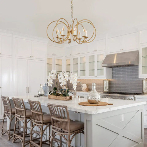 Modern Chandelier With Antique Brass Brush Finish And Geometric Shade, 8 Gold Ring Pendant Light Fixture in kitchen island