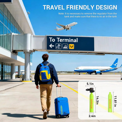 Traveler with suitcase and Ultra Portable Mini Scuba Tank With Pump 0.5L at airport, showcasing travel ease and size