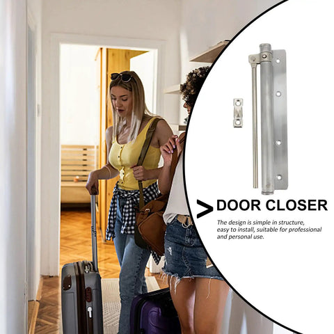 Automatic Door Closer Stainless Steel With Spring Buffer Adjustable Tension shown beside people in doorway