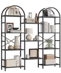 Triple Wide Arched Bookshelf With 11 Adjustable Open Shelves showing black metal frame and decor items, industrial display rack