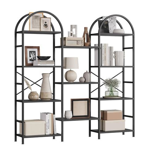 Triple Wide Arched Bookshelf With 11 Adjustable Open Shelves showing black metal frame and decor items, industrial display rack
